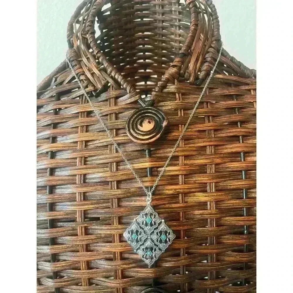 Silver Tone Turquoise Beaded Pendant Necklace Filigree Western